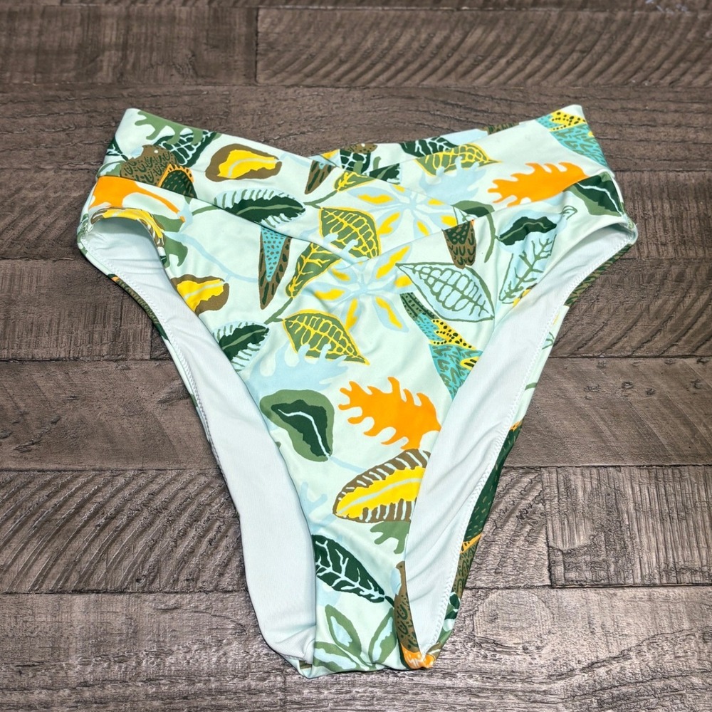 Aerie High Cut Cheeky Bikini Bottom Tropical Leaf Print Blue Large NWT